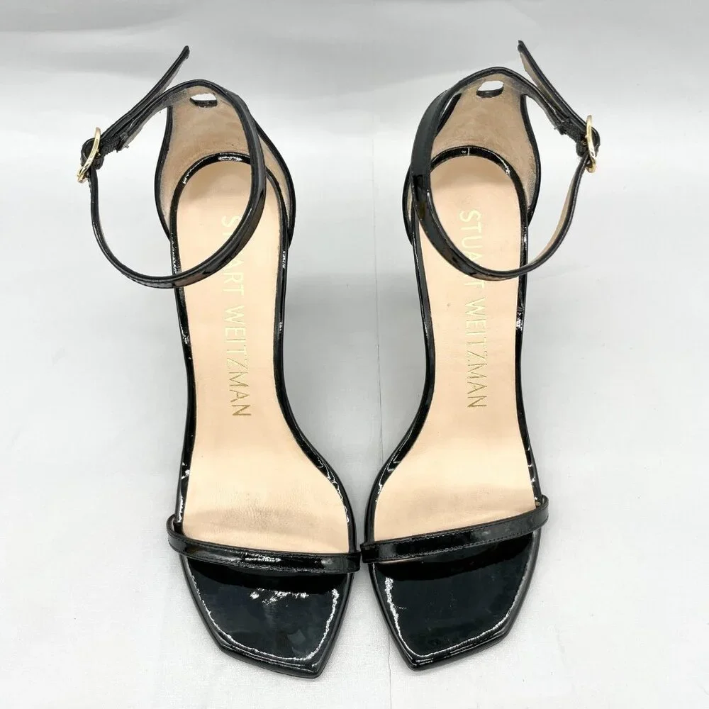 Stuart Weitzman Nudistcurve Black Patent Leather Strappy Stiletto Heel - Picture 3 of 14